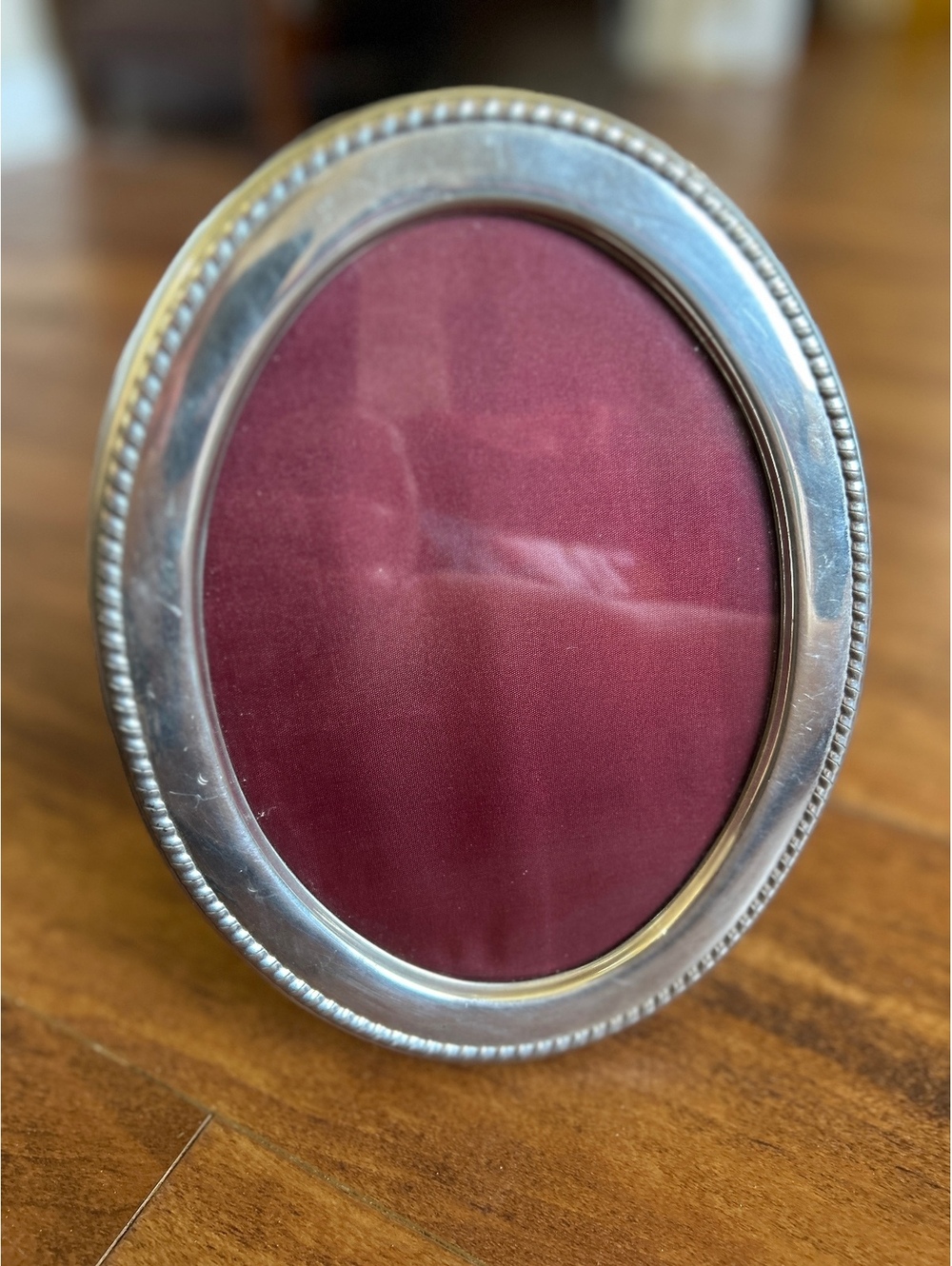 Vintage Oval Silver Tone Tabletop Photo Frame with Velvet Backing